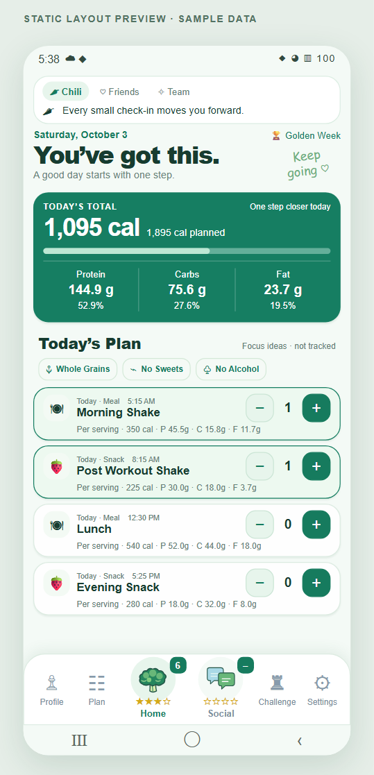 Preview of the Nutrition app showing daily calories, macros, meal cards, and progress